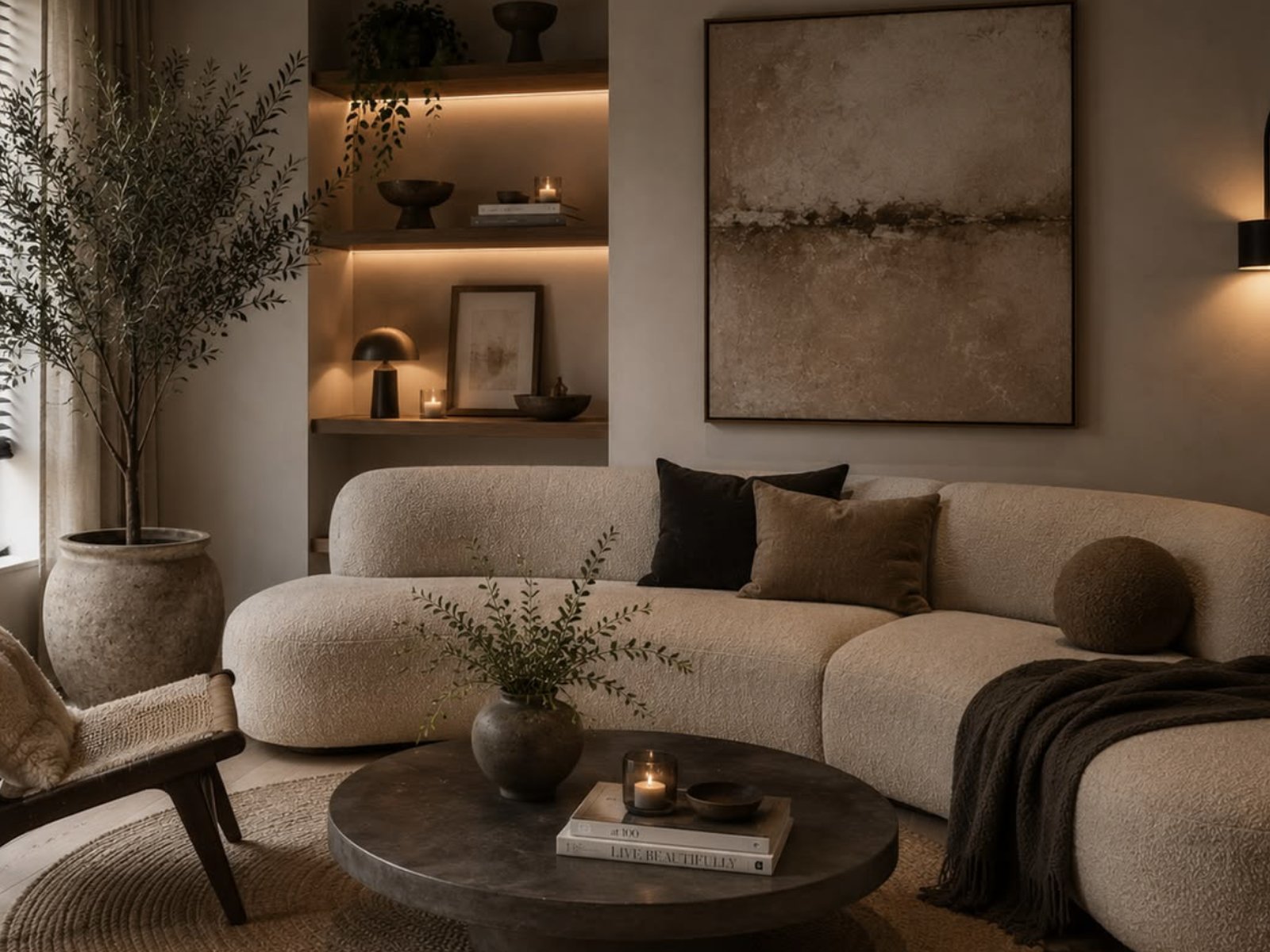 Daintree: moody dark organic furnishing scheme with deep green and walnut, Dubai
