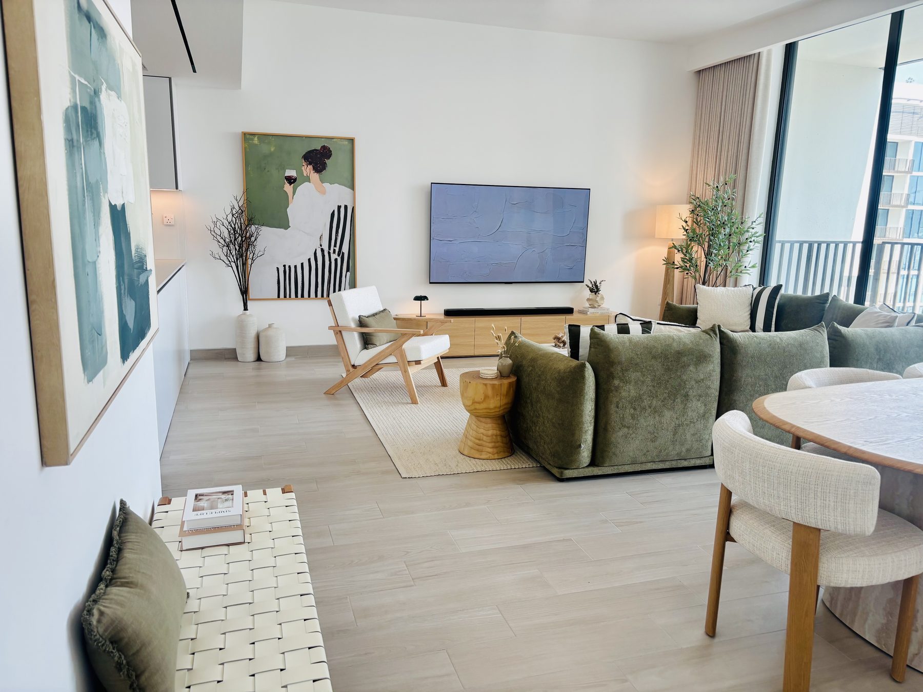 Noosa: light modern organic furnishing scheme with sage, natural oak and travertine, Dubai