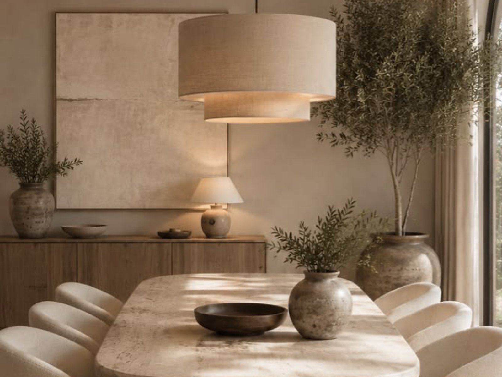 Byron: warm earth neutral furnishing scheme over marble floors, Dubai